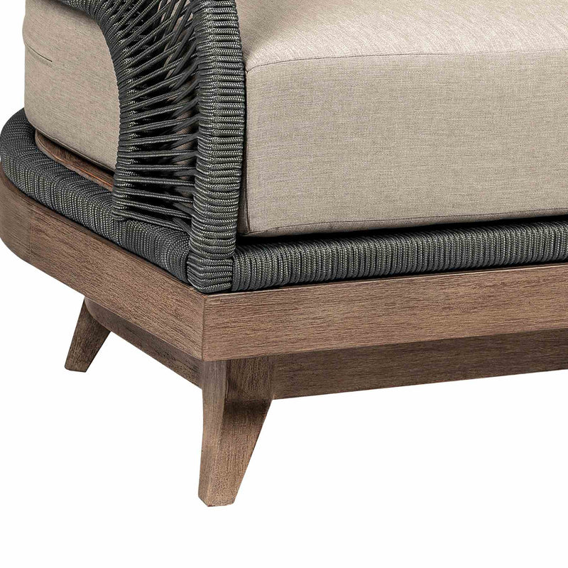 Orbit Swivel Outdoor Patio Chair in Weathered Eucalyptus Wood with Gray Rope and Taupe Olefin Cushions - Furniture City (CA)l