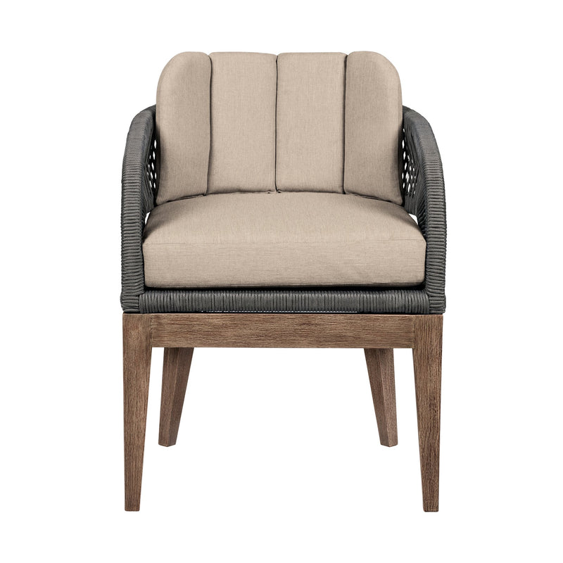 Orbit Outdoor Patio Dining Chair in Weathered Eucalyptus Wood with Gray Rope and Taupe Olefin Cushions - Furniture City (CA)l