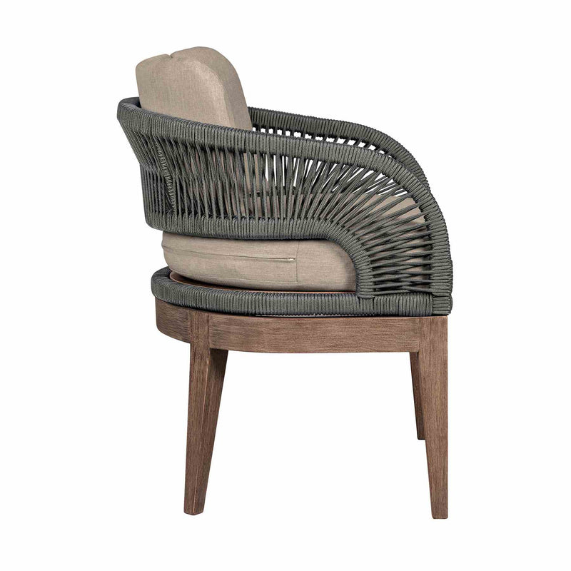 Orbit Outdoor Patio Dining Chair in Weathered Eucalyptus Wood with Gray Rope and Taupe Olefin Cushions - Furniture City (CA)l