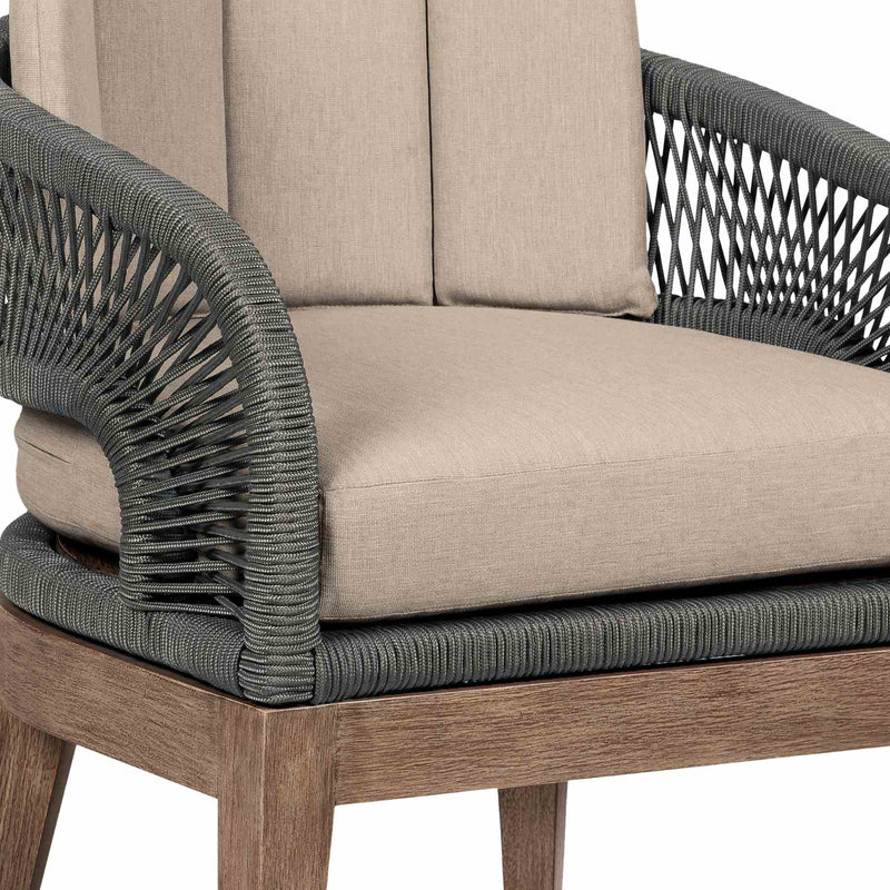 Orbit Outdoor Patio Dining Chair in Weathered Eucalyptus Wood with Gray Rope and Taupe Olefin Cushions - Furniture City (CA)l