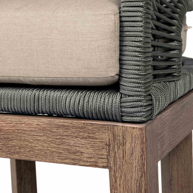 Orbit Outdoor Patio Dining Chair in Weathered Eucalyptus Wood with Gray Rope and Taupe Olefin Cushions - Furniture City (CA)l