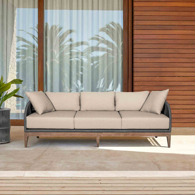 Orbit Outdoor Patio Sofa in Weathered Eucalyptus Wood with Gray Rope and Taupe Olefin Cushions - Furniture City (CA)l