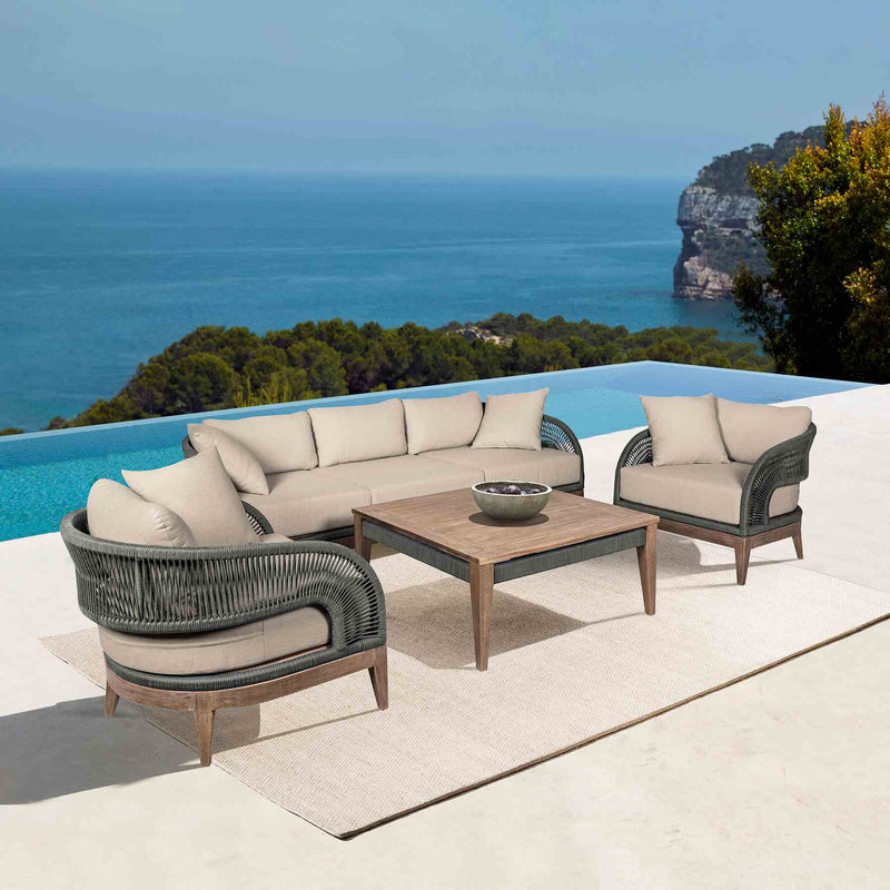 Orbit Outdoor Patio Sofa in Weathered Eucalyptus Wood with Gray Rope and Taupe Olefin Cushions - Furniture City (CA)l