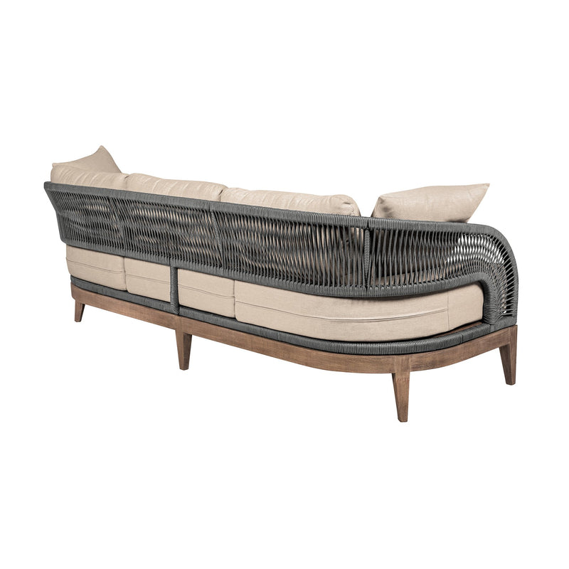 Orbit Outdoor Patio Sofa in Weathered Eucalyptus Wood with Gray Rope and Taupe Olefin Cushions - Furniture City (CA)l