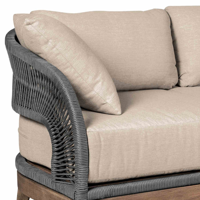Orbit Outdoor Patio Sofa in Weathered Eucalyptus Wood with Gray Rope and Taupe Olefin Cushions - Furniture City (CA)l
