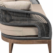 Orbit Outdoor Patio Sofa in Weathered Eucalyptus Wood with Gray Rope and Taupe Olefin Cushions - Furniture City (CA)l