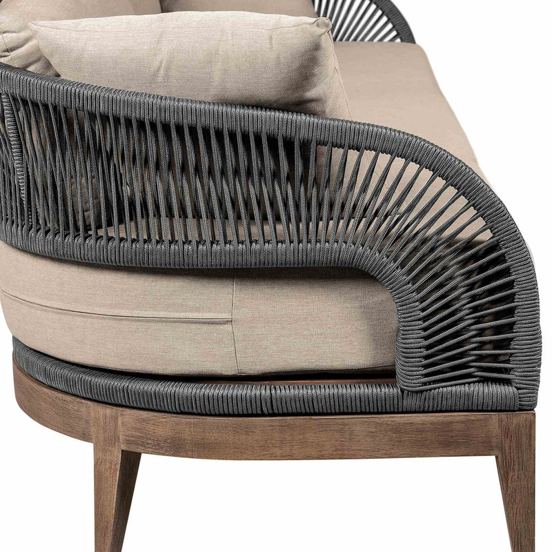 Orbit Outdoor Patio Sofa in Weathered Eucalyptus Wood with Gray Rope and Taupe Olefin Cushions - Furniture City (CA)l