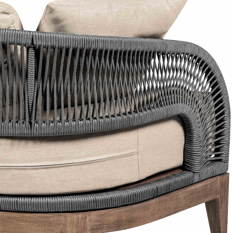 Orbit Outdoor Patio Sofa in Weathered Eucalyptus Wood with Gray Rope and Taupe Olefin Cushions - Furniture City (CA)l