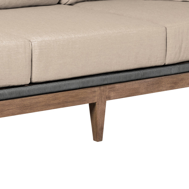 Orbit Outdoor Patio Sofa in Weathered Eucalyptus Wood with Gray Rope and Taupe Olefin Cushions - Furniture City (CA)l