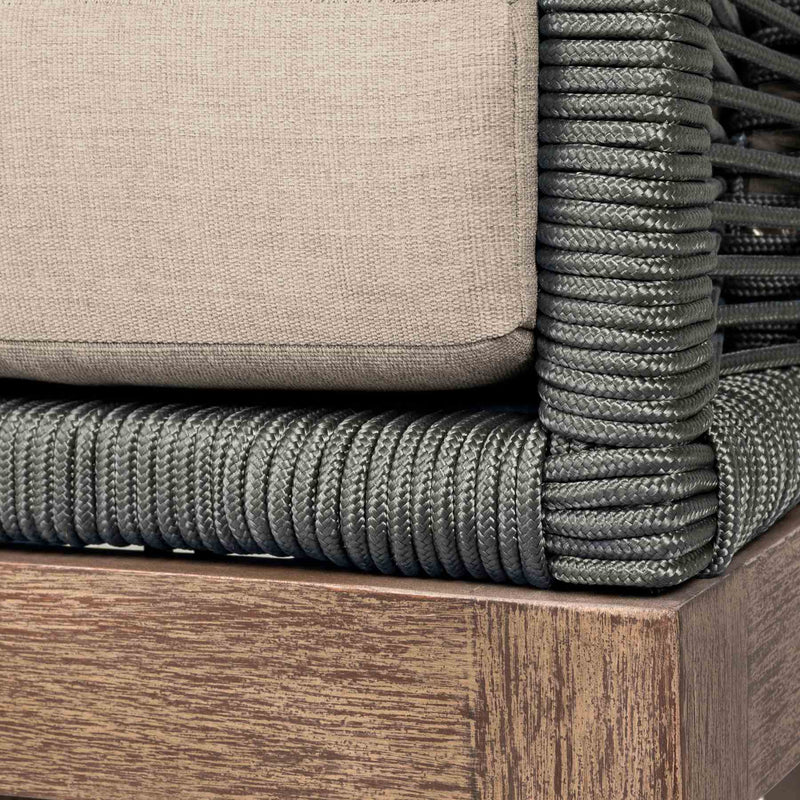 Orbit Outdoor Patio Sofa in Weathered Eucalyptus Wood with Gray Rope and Taupe Olefin Cushions - Furniture City (CA)l