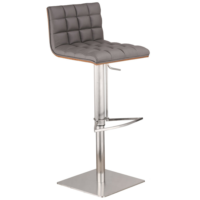 Oslo Adjustable Brushed Stainless Steel Barstool in Gray Faux Leather with Walnut Back