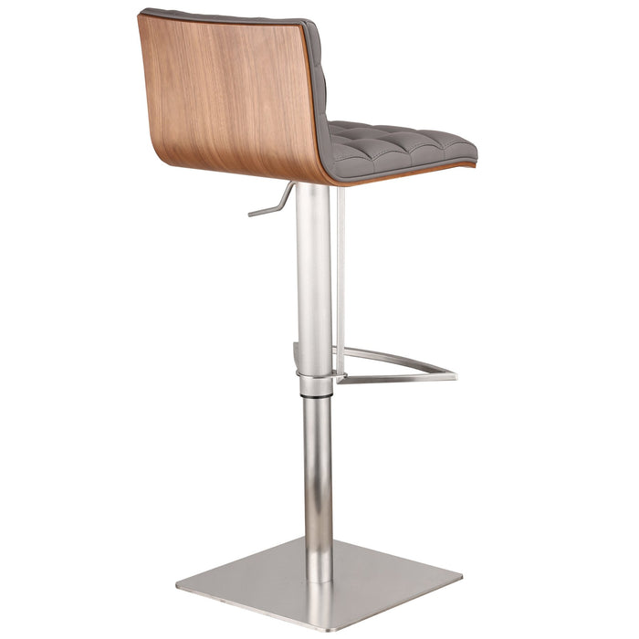 Oslo Adjustable Brushed Stainless Steel Barstool in Gray Faux Leather with Walnut Back