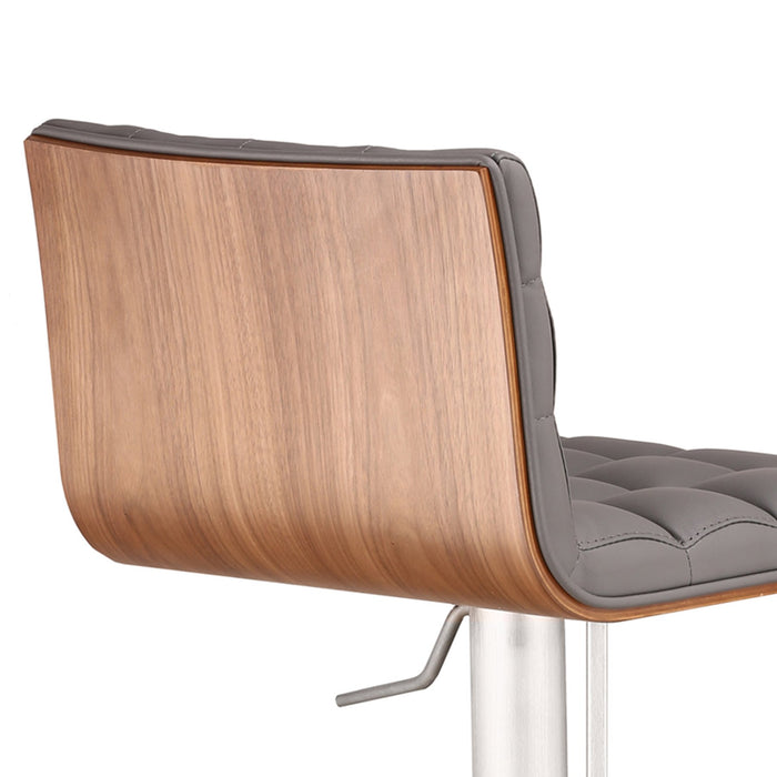 Oslo Adjustable Brushed Stainless Steel Barstool in Gray Faux Leather with Walnut Back