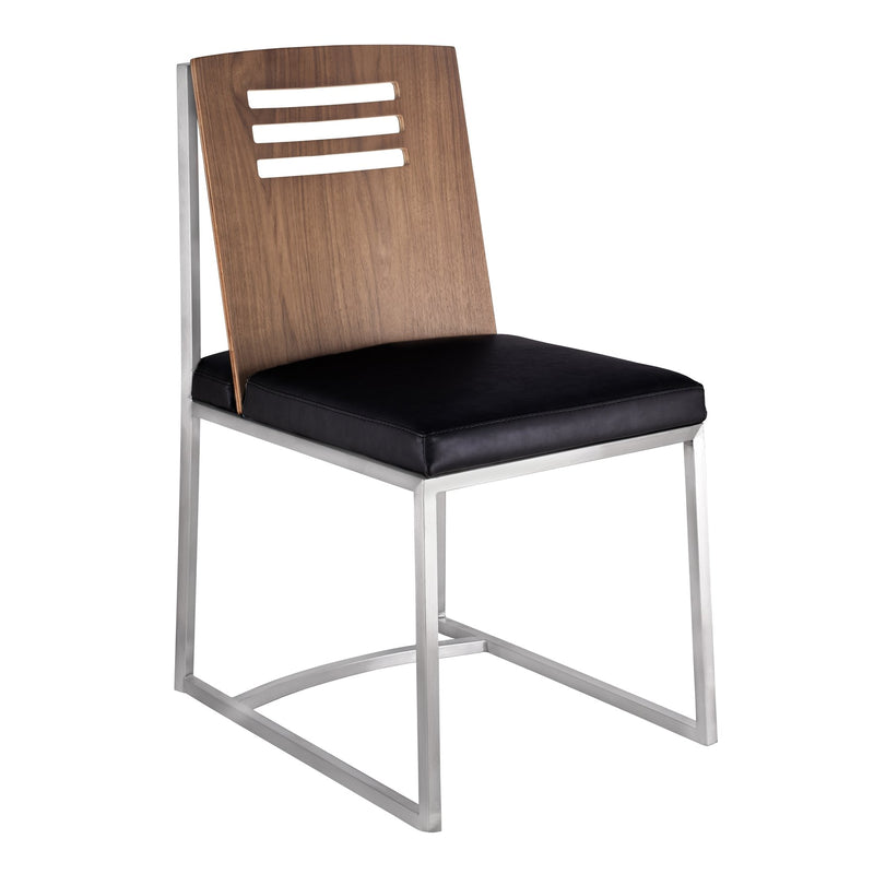 Oxford Dining Chair in Brushed Stainless Steel with Vintage Black Faux Leather and Walnut Wood Back (Set of 2) - Furniture City (CA)l