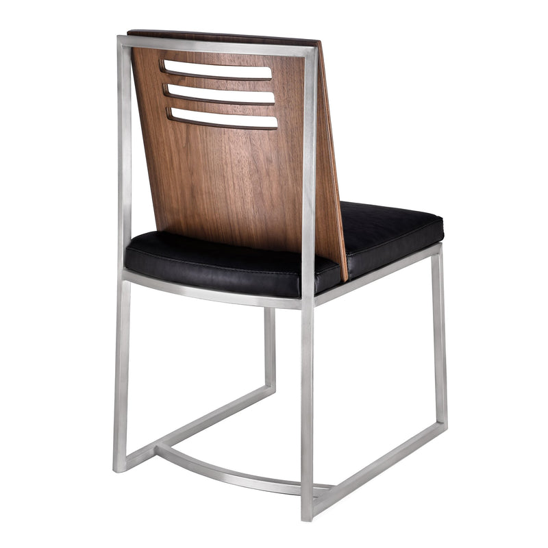 Oxford Dining Chair in Brushed Stainless Steel with Vintage Black Faux Leather and Walnut Wood Back (Set of 2) - Furniture City (CA)l