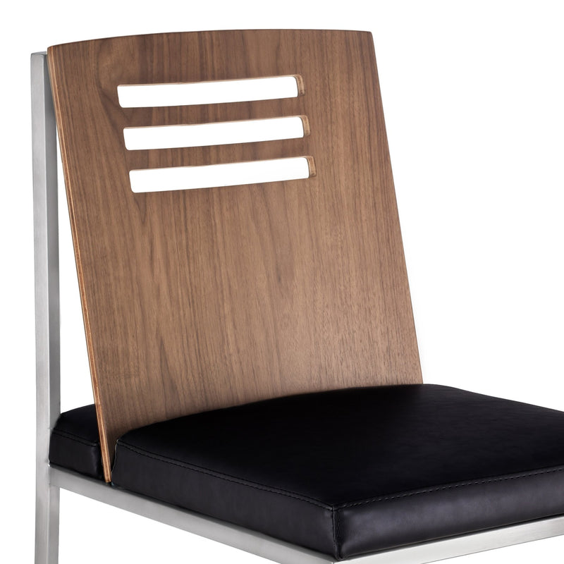 Oxford Dining Chair in Brushed Stainless Steel with Vintage Black Faux Leather and Walnut Wood Back (Set of 2) - Furniture City (CA)l
