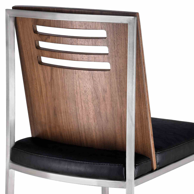 Oxford Dining Chair in Brushed Stainless Steel with Vintage Black Faux Leather and Walnut Wood Back (Set of 2) - Furniture City (CA)l