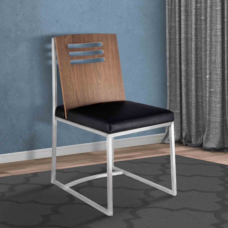Oxford Dining Chair in Brushed Stainless Steel with Vintage Black Faux Leather and Walnut Wood Back (Set of 2) - Furniture City (CA)l