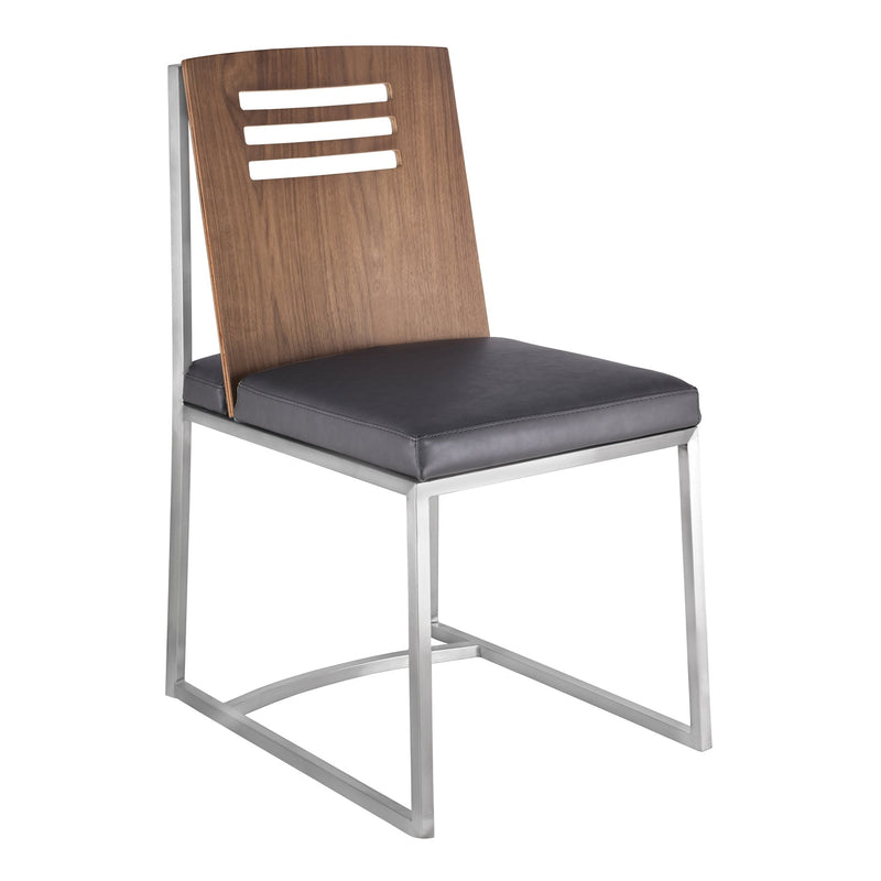 Oxford Dining Chair in Brushed Stainless Steel with Vintage Gray Faux Leather and Walnut Wood Back (Set of 2) - Furniture City (CA)l