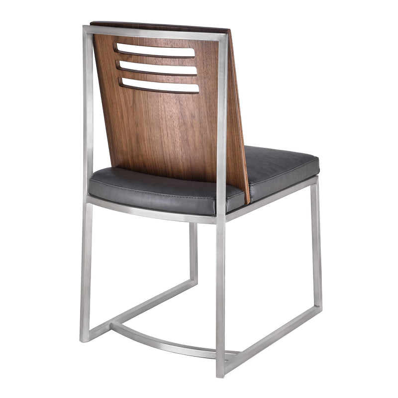 Oxford Dining Chair in Brushed Stainless Steel with Vintage Gray Faux Leather and Walnut Wood Back (Set of 2) - Furniture City (CA)l