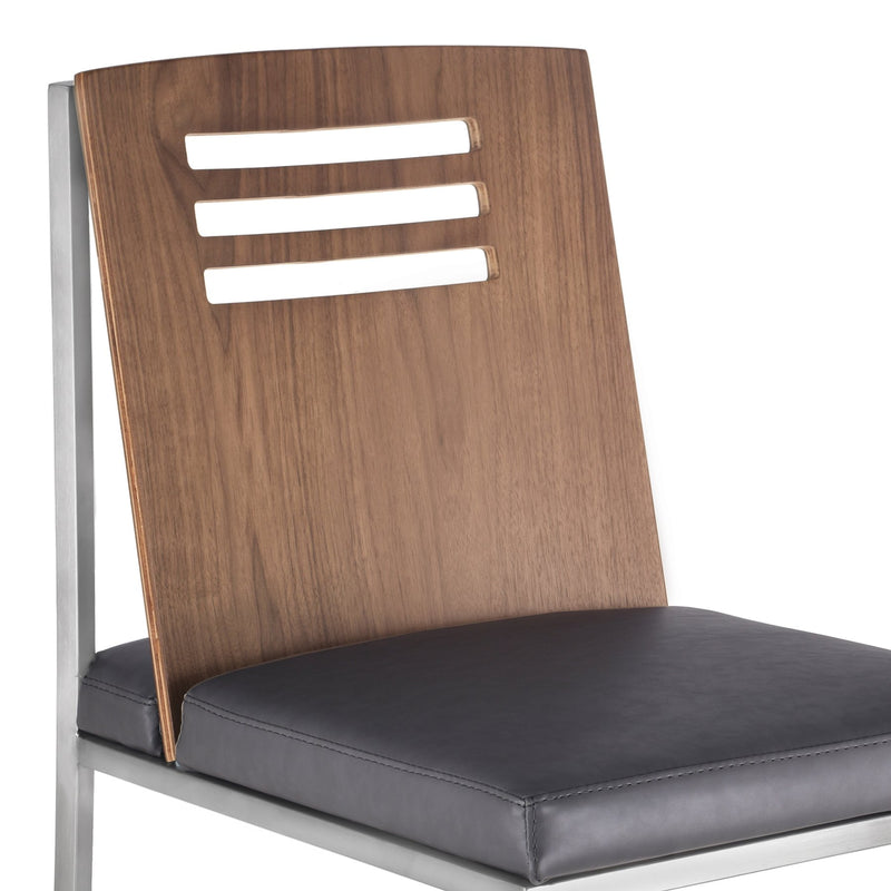 Oxford Dining Chair in Brushed Stainless Steel with Vintage Gray Faux Leather and Walnut Wood Back (Set of 2) - Furniture City (CA)l