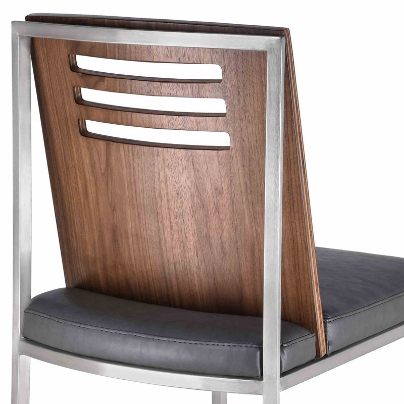 Oxford Dining Chair in Brushed Stainless Steel with Vintage Gray Faux Leather and Walnut Wood Back (Set of 2) - Furniture City (CA)l