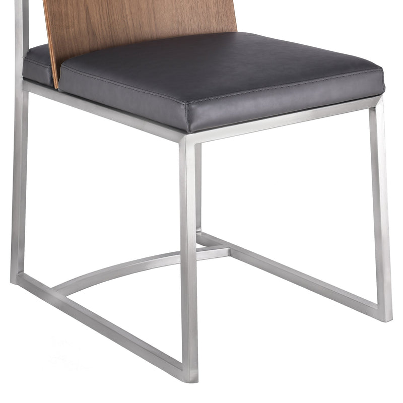 Oxford Dining Chair in Brushed Stainless Steel with Vintage Gray Faux Leather and Walnut Wood Back (Set of 2) - Furniture City (CA)l