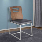Oxford Dining Chair in Brushed Stainless Steel with Vintage Gray Faux Leather and Walnut Wood Back (Set of 2) - Furniture City (CA)l