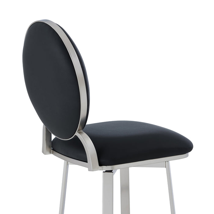 Pia Contemporary 26" Counter Height Barstool in Brushed Stainless Steel Finish and Black Faux Leather