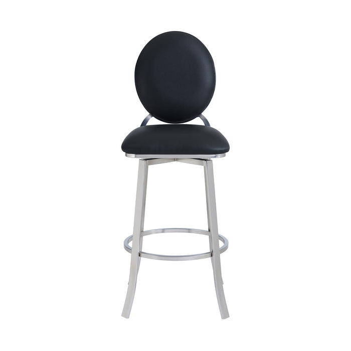 Pia Contemporary 30" Bar Height Barstool in Brushed Stainless Steel Finish and Black Faux Leather