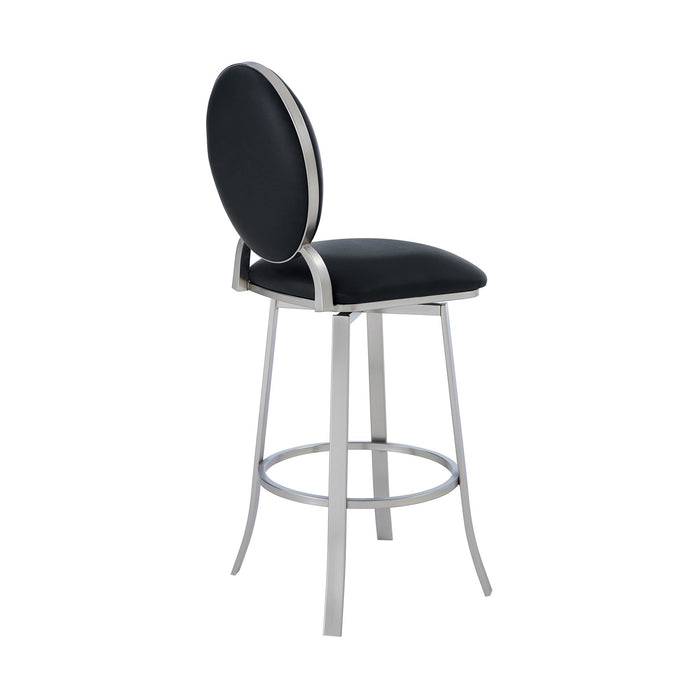 Pia Contemporary 30" Bar Height Barstool in Brushed Stainless Steel Finish and Black Faux Leather