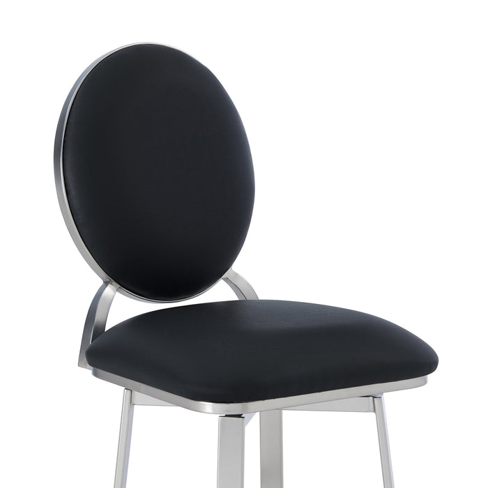 Pia Contemporary 30" Bar Height Barstool in Brushed Stainless Steel Finish and Black Faux Leather