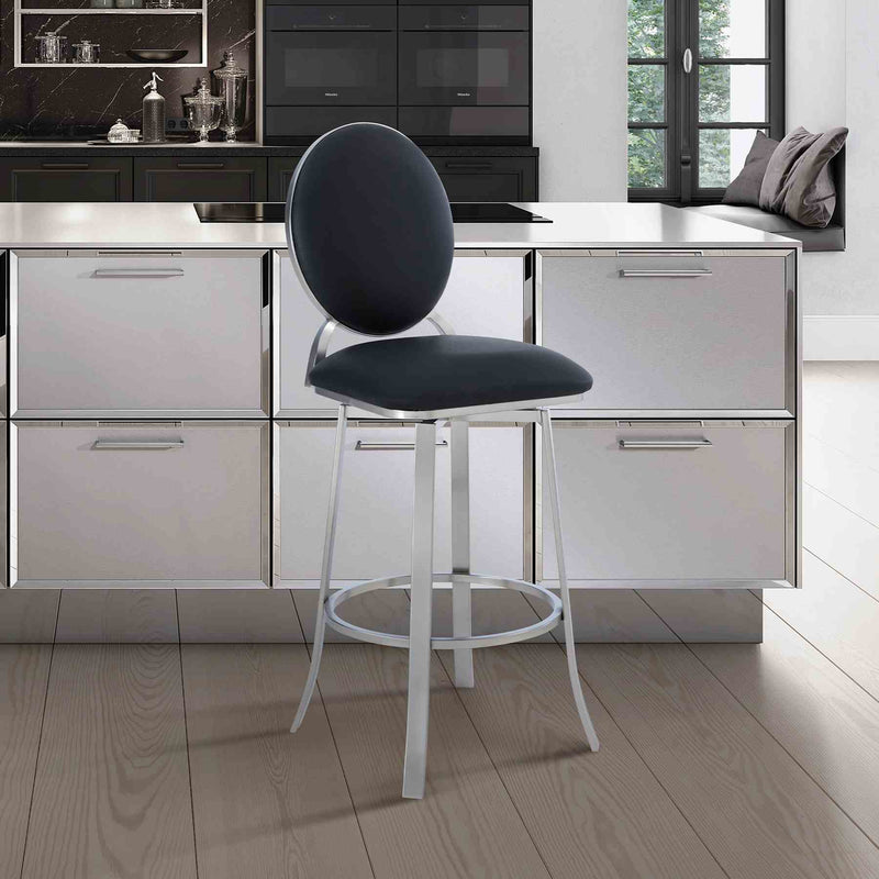 Pia Contemporary 30" Bar Height Barstool in Brushed Stainless Steel Finish and Black Faux Leather - Furniture City (CA)l