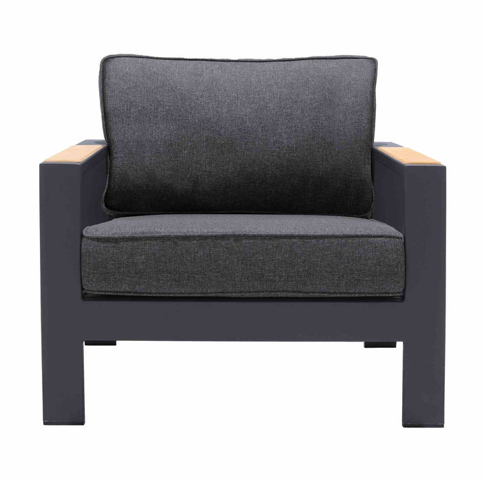 Palau Outdoor Chair in Dark Gray with Natural Teak Wood Accent and Cushions