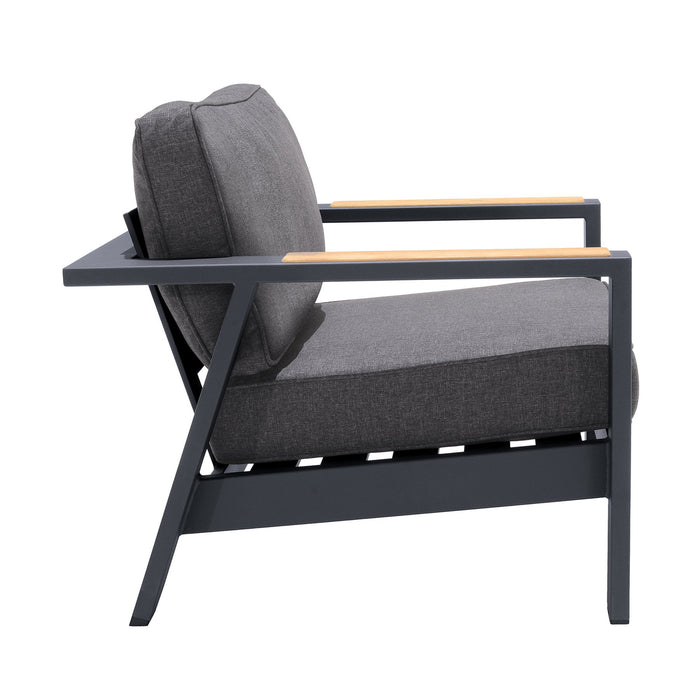 Palau Outdoor Chair in Dark Gray with Natural Teak Wood Accent and Cushions