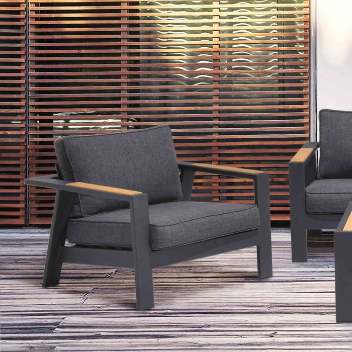 Palau Outdoor Chair in Dark Gray with Natural Teak Wood Accent and Cushions