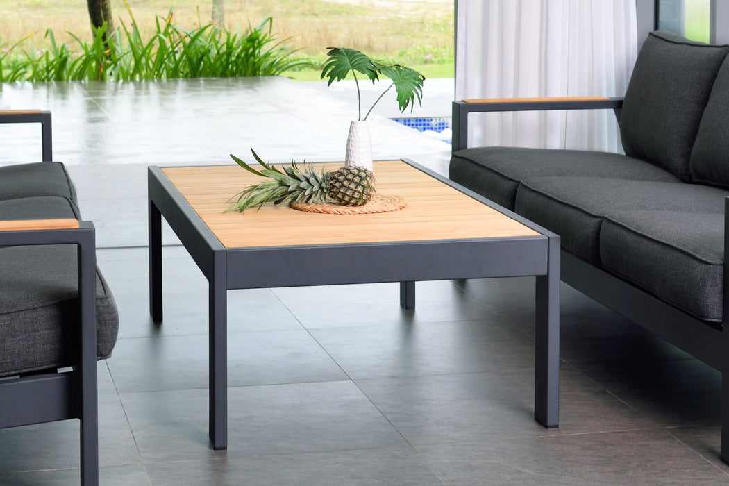 Palau Outdoor Coffee Table in Dark Gray with Natural Teak Wood Top