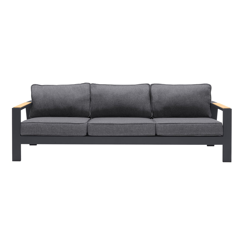 Palau Outdoor Sofa in Dark Gray with Natural Teak Wood Accent and Cushions - Furniture City (CA)l