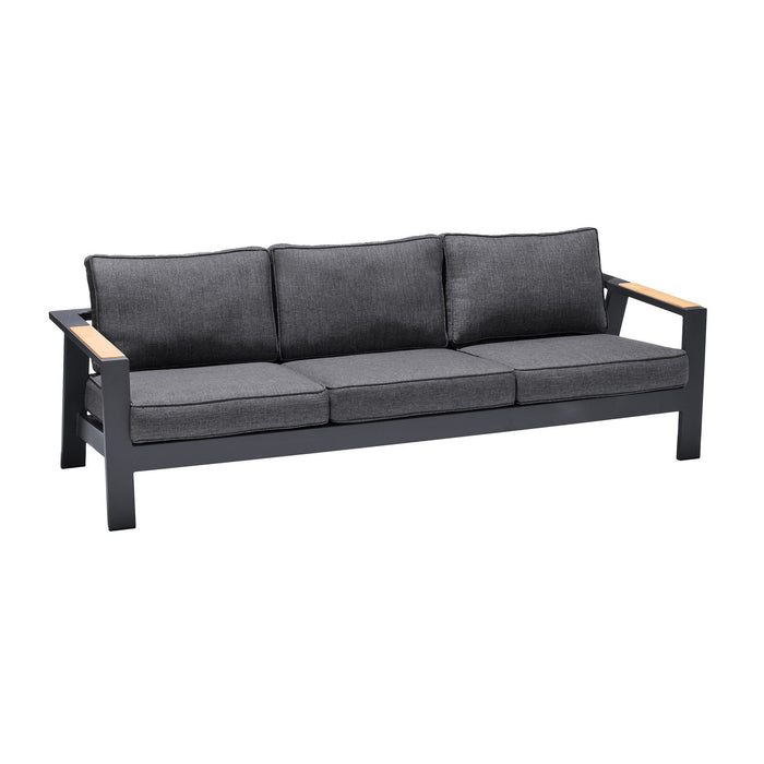 Palau Outdoor Sofa in Dark Gray with Natural Teak Wood Accent and Cushions