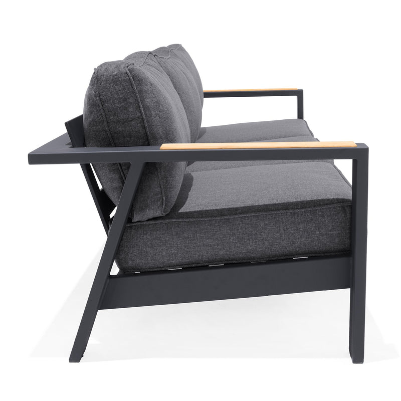 Palau Outdoor Sofa in Dark Gray with Natural Teak Wood Accent and Cushions - Furniture City (CA)l