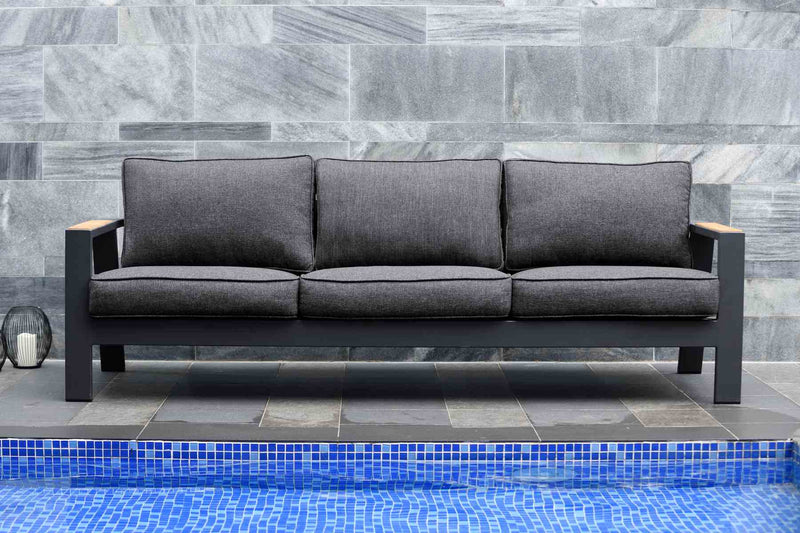 Palau Outdoor Sofa in Dark Gray with Natural Teak Wood Accent and Cushions - Furniture City (CA)l