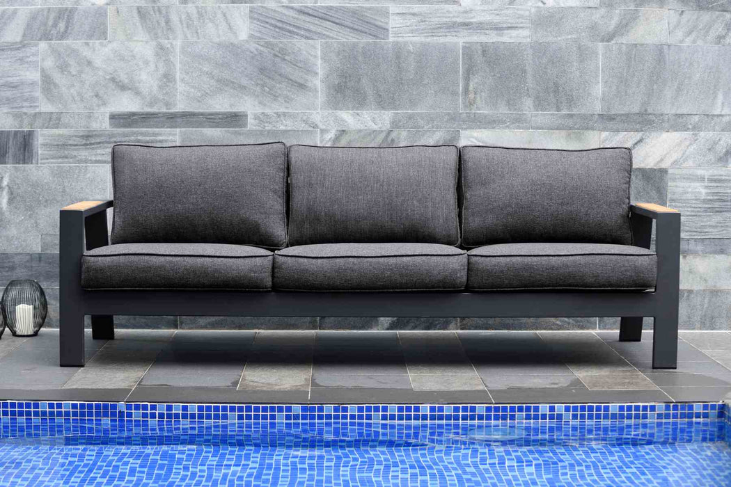 Palau Outdoor Sofa in Dark Gray with Natural Teak Wood Accent and Cushions