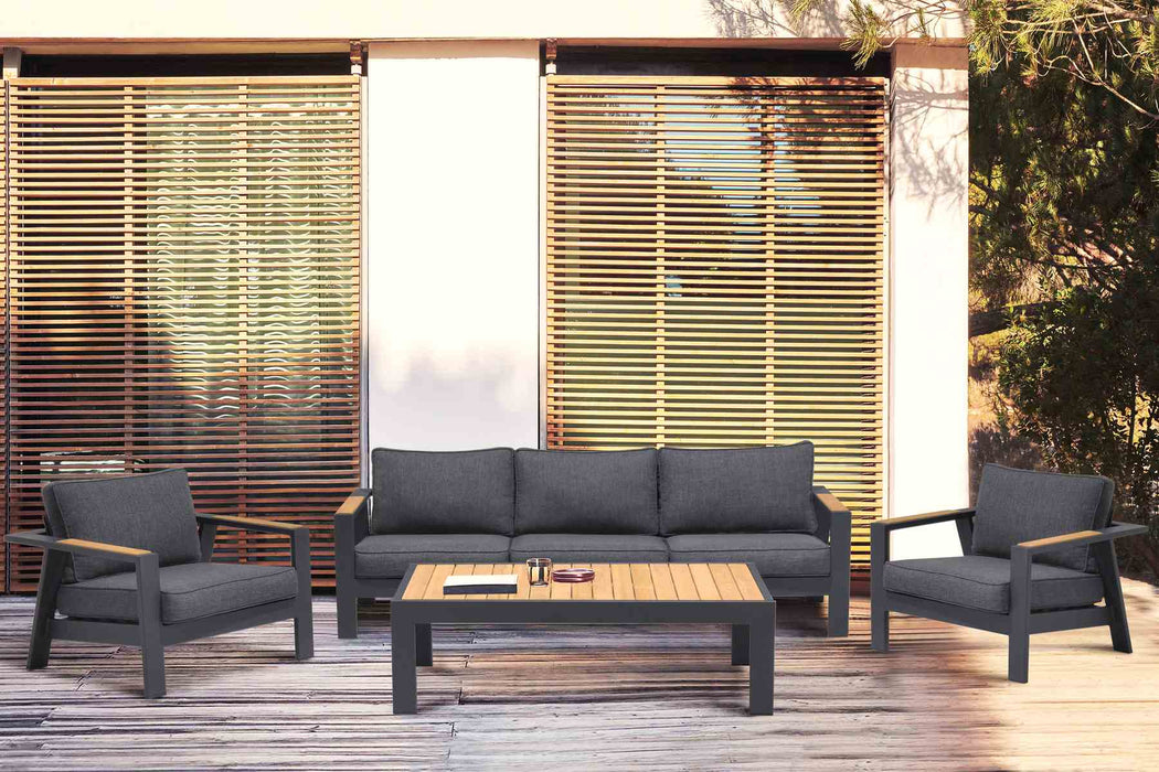 Palau Outdoor Sofa in Dark Gray with Natural Teak Wood Accent and Cushions