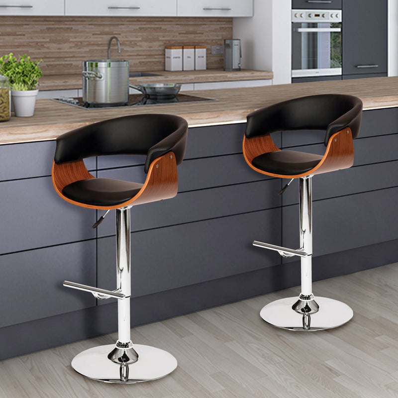 Paris Black Faux Leather Adjustable Height Swivel Walnut Wood and Chrome Bar Stool - Furniture City (CA)l