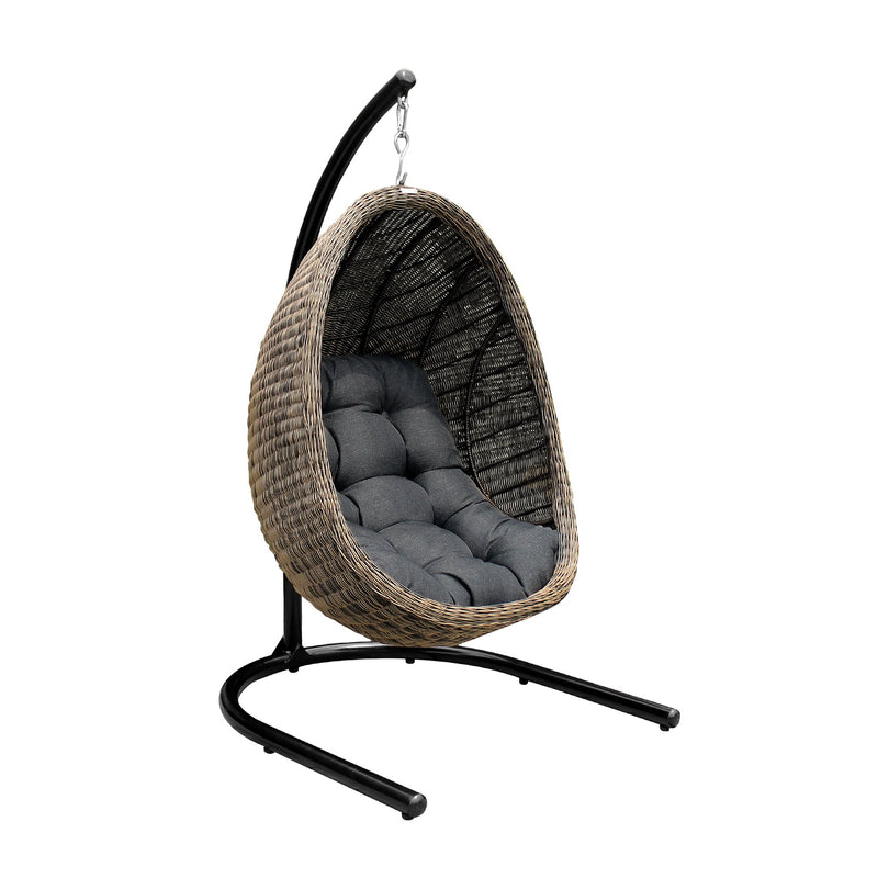 Pisces Indoor Outdoor Hanging Egg Swing Chair in Espresso Wicker with Black Iron Stand - Furniture City (CA)l
