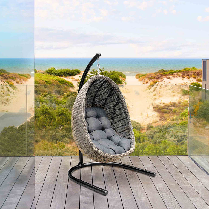 Pisces Indoor Outdoor Hanging Egg Swing Chair in Espresso Wicker with Black Iron Stand