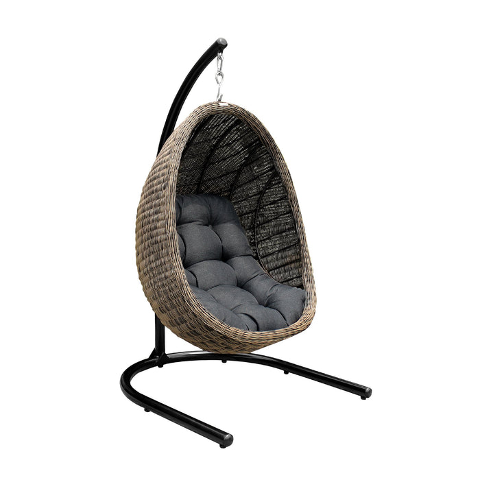 Pisces Indoor Outdoor Hanging Egg Swing Chair in Espresso Wicker with Black Iron Stand