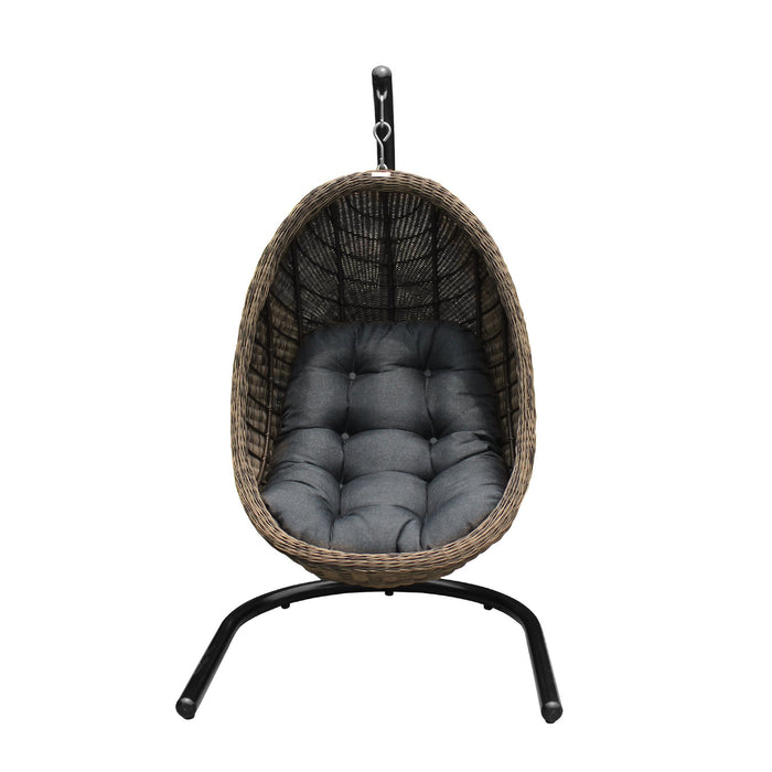 Pisces Indoor Outdoor Hanging Egg Swing Chair in Espresso Wicker with Black Iron Stand
