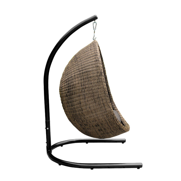 Pisces Indoor Outdoor Hanging Egg Swing Chair in Espresso Wicker with Black Iron Stand