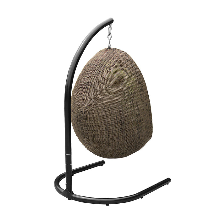 Pisces Indoor Outdoor Hanging Egg Swing Chair in Espresso Wicker with Black Iron Stand